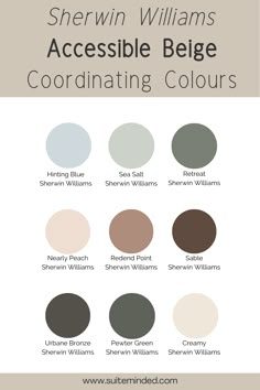 the color scheme for sherylin williams's accessible belge coordinating colors is shown in