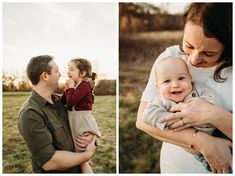 a man and woman holding a baby in their arms while they are smiling at each other