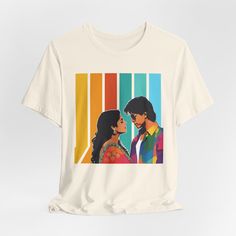 Bollywood Desi Shirt | This Unisex Indian T-Shirt gives Filmy vibes from the 90s if you know what I mean! Whether you're pairing it with your favorite jeans, leggings, or a flowing skirt, this T-Shirt effortlessly elevates your everyday look. This is a Relaxed Fit Tee and has a unisex style that runs a touch small for men, and about a half a size large for women. It is soft and cozy. The last photo shows measurements! Looking for some more desi novelties? Check out boomju.etsy.com Retro Multicolor Screen Print T-shirt, Multicolor Crew Neck Pop Culture T-shirt, Multicolor Crew Neck T-shirt In Pop Culture Style, Multicolor Pop Culture Crew Neck T-shirt, Multicolor Pop Culture T-shirt For Summer, Multicolor Pre-shrunk Pop Culture T-shirt, Multicolor Pop Culture T-shirt Pre-shrunk, 90s Inspired Graphic Print T-shirt For Fans, 90s Inspired T-shirt For Summer Fan Merchandise