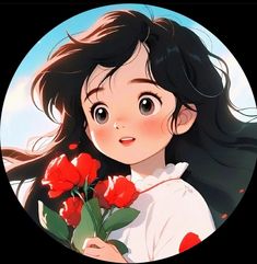 a girl with long black hair holding red flowers in front of her face and looking up at the sky