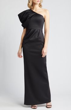 A decadent puffed sleeve is the pièce de résistance on this shoulder-baring gown that's guaranteed to stun. 60" length (size 8) Side-zip closure One-shoulder neckline Single elbow-length sleeve Lined 90% Polyamide, 10% Elastane Dry clean Imported Special Occasion One Shoulder Gown, Black Halo, Elbow Length Sleeve, Side Zip, Halo, Length Sleeve, Special Occasion, One Shoulder, Dry Clean