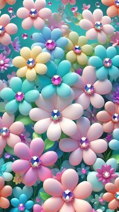 colorful flowers with jewels on them are floating in the air