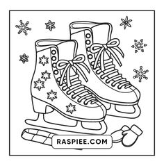 a coloring page with ice skates and snowflakes