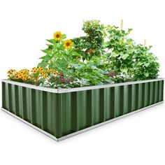 an image of a garden box with flowers and plants growing out of the top one