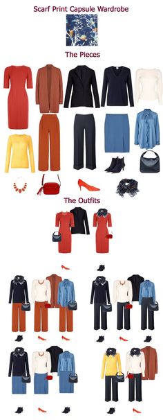 Autumn capsule wardrobe inspired by a scarf print #capsulewardrobe #seasonalcapsulewardrobe #capsulewardrobeservice #yourbestcolours Color Capsule Wardrobe, Capsule Wardrobe Examples, Toned Spring, Autumn Capsule Wardrobe, Closet Organisation, Office Clothing, Vivienne Files, Core Wardrobe, Minimal Wardrobe