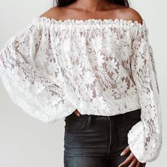 Olivaceous Sheer Lace Off-The-Shoulder Top Featuring Balloon Sleeves. Banded, Elastic Hem. Unlined. Size S New Without Tags Tags: Boutique Style - Trendy - Spring - Summer Fashion - Boho - Ots - Puffy Sleeves - Crochet Fall Off-shoulder Tops With Lace Trim, Off-shoulder Lace Top For Spring, Spring Off-shoulder Lace Blouse, Off-shoulder Lace Top Blouse For Spring, Off-shoulder Lace Blouse For Spring, Chic Off-shoulder Lace Blouse, White Fitted Off-shoulder Top For Brunch, Spring Off-shoulder Lace Top, Spring Lace Crop Top For Brunch