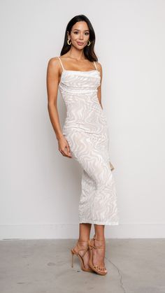 Product Details : Midi Dress White Abstract Print Textured Shoulder Straps Side Slit Model is wearing a size small 80362 G1-3 White Dress Top, Midi Dress White, Jumpsuit And Blazer, Wedding Apparel, Usa Outfit, White Midi Dress, Business Outfits, Floral Dress Black