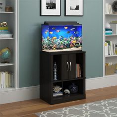 a fish tank sitting on top of a book shelf