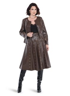 Love the Queen 17582 Brown Skirt Suit For Fall, Fall Long Sleeve Brown Skirt Suit, Fall Brown Long Sleeve Skirt Suit, Brown Long Sleeve Skirt Suit For Fall, Fall Brown Long-sleeved Skirt Suit, Skirt And Jacket Set, Brown Faux Leather Jacket, Faux Leather Skirt