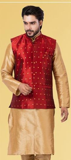 Red and Maroon color Nehru Jacket in Art Silk fabric with Weaving work Red Bandhgala With Zari Work For Transitional Season, Red Long Sleeve Bandhgala For Diwali, Red Nehru Jacket For Festive Transitional Season, Red Festive Nehru Jacket For Transitional Season, Festive Red Outerwear With Stand Collar, Red Winter Festive Kurta, Red Festive Nehru Jacket For Festivals, Red Nehru Jacket For Diwali Festivities, Red Nehru Jacket For Festive Occasions