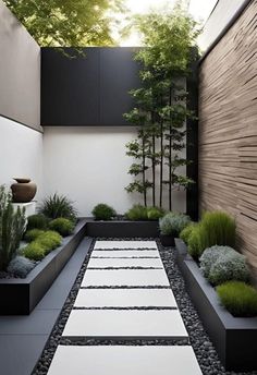 an outdoor garden with gravel, rocks and plants on the ground in front of a white wall