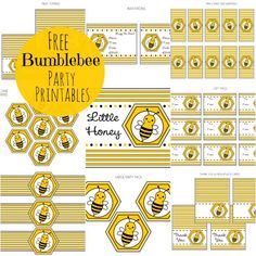 the bumblebee party printables are shown with honeycombs and bees