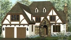 this is an artist's rendering of a tudor style house with stone and wood accents