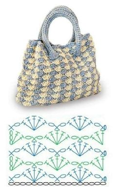 a crocheted purse with the pattern next to it and an image of another bag