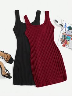 Women' Knitted Solid Tank Dress Burgundy Casual  Sleeveless Fabric Plain Tank Slight Stretch Summer Women Clothing, size features are:Bust: ,Length: ,Sleeve Length: Shein Dress Casual, Burmese Clothing, Bodycon Tank Dress, Knit Tank Dress, Spaghetti Strap Mini Dress, Shein Dress, Neck Bodycon Dress, Mini Robes, Lounge Dress