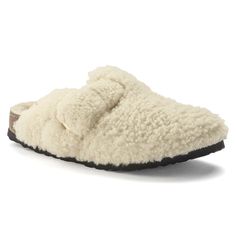 Boston Big Buckle Shearling Eggshell | BIRKENSTOCK Birkenstock Teddy Shearling, Boston Big Buckle, Shoo Shoo, Boston Clogs, Platform Flats, Birkenstock Women, Boston Clog, Leather Decor, Designer Slippers