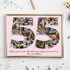 a pink and gold 50th birthday card with the number 55 surrounded by stars, confetti and streamers