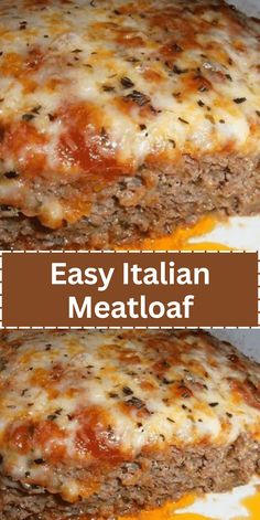 two pictures of meatloaf with cheese and sauce on them, one has an italian meatloaf