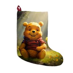 a winnie the pooh christmas stocking hanging from a tree with sunbeams