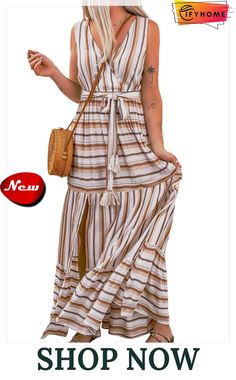 Khaki Striped V Neck Sleeveless Maxi Dress with Tie Lisa Fischer, Plus Size Mini Dresses, Plus Size Outerwear, Swimsuits High Waisted, Khaki Dress, Dress With Tie, Plus Size Maxi Dresses, Beach Travel, Effortless Chic