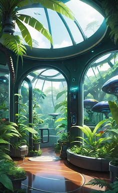 the interior of a futuristic plant filled building