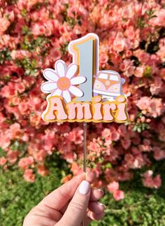 a person holding up a cake on a stick with the number one in front of pink flowers