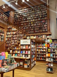 a library filled with lots of books next to a stair case covered in shelves full of books