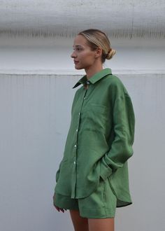 Introducing our hottest summer linen shirt in Earthy Green (shorts and pants available in the same color). This shirt offers a classic yet relaxed look, and its color will catch everyone's attention, making you stand out from the crowd. The oversized style features dropped shoulders, just like other shirts in our collection. Made from softened linen, we guarantee no itchiness! Grab yours and feel your most fabulous! DETAILS:  - Oversized Fit - Dropped Shoulders - Long Sleeves  - Button-down shirt  - Sea Shell Buttons - 100% lightweight softened European linen fabric - Hand-Made in our small studio in Siauliai, Lithuania SIZE IN THE PICTURE: The model is wearing size S. The Model's height is 5'5"/ 165cm. SIZE GUIDE:  *Please note that this chart indicates garment size, not body size. XS (US Green Linen Blouse For Vacation, Green Summer Blouse With Relaxed Fit, Summer Loungewear Shirt With Pockets, Summer Shirt With Pockets For Loungewear, Green Collared Linen Blouse, Green Linen Collared Blouse, Green Linen Tops For Daywear, Green Linen Shirt For Daywear, Green Linen Tops With Pockets