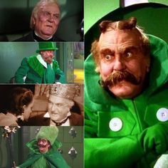 four different pictures of the same man in green clothes and hats, one with a mustache