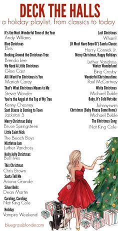 a flyer for the holiday playlist with an image of a woman in a red dress next to a christmas tree