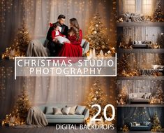 two people sitting on a couch in front of a christmas tree with lights behind them