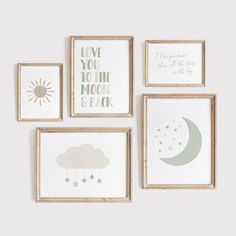 four framed art pieces with the words love you to the moon and back