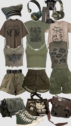 Baddie Core Outfits, Fairy Core Outfit Ideas, Goblin Core Summer Outfits, Therian Outfits For School, Fairy Core Grunge Outfits, Fairygrunge Outfit Ideas, Retro Aesthetic Outfit Ideas, Outfit Ideas 80s, Green Grunge Outfit