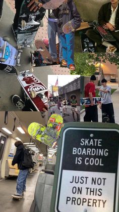 a collage of photos with skateboarders and signs