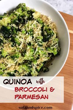 quinoa with broccoli and parmesan in a white bowl on a wooden cutting board