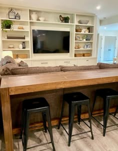 a living room filled with furniture and a flat screen tv mounted on the wall above it