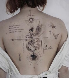 the back of a woman's body with tattoos on it