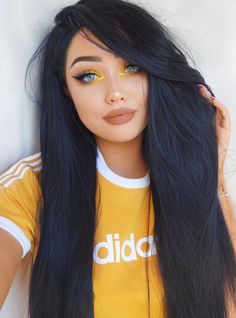 Black Hair And Blue Eyes, Natural Prom Makeup, Mekap Mata, Yellow Makeup, Yellow Eyeshadow, Make Up Looks, Long Black Hair, Synthetic Lace Front Wigs