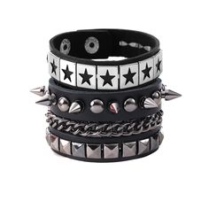 PRICES MAY VARY. Package Content : 1 * Irregular Star Pattent Rivets Leather Cuff Bracelet + 1 * Punk Leather Chain Rivets Bracelet for Men Women. Material : PU Leather + Alloy. Adjustable Bracelets : These bracelets are designed with adjustable snap backs and elastic cord, which help them fit almost people' s sizes. Suitable Occasions : Music Carnival, Rock Concert, Rock and Roll meeting, 80s theme party, 90s theme party, Halloween Party. Christmas Party, Night Club, TV shows, Role play Costume 90s Theme Party, 80s Theme Party, Role Play Costume, 80s Theme, Retro Bracelet, 90s Theme, Vintage Chain, Rock Concert, Leather Cuffs Bracelet