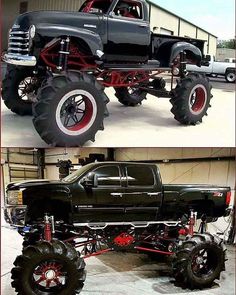 the monster truck is being displayed in two different pictures, one black and one red