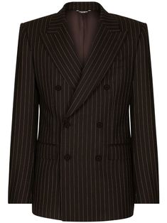 black virgin wool-silk blend pinstripe pattern notched lapels double-breasted button fastening long sleeves chest welt pocket two side flap pockets straight hem Dolce And Gabbana Suits, Black Pinstripe Suit, Black Suit Men, Pinstripe Pattern, Pinstripe Suit, Tuxedo Suit, Fitted Suit, Breasted Blazer, Double Breasted Blazer