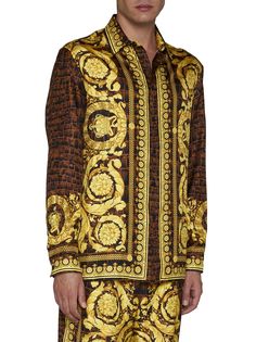 100% Silk | Versace Men's baroccodile Shirt in Brown | FW23/24 Luxury Gucci Men's Tops, Luxury Gucci Tops For Men, Versace Spring, Versace Shirt, Silk Tunic, Gold Models, Cool Outfits For Men, Designer Shirts, Inspired Fashion