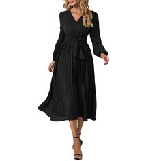 Black V Neck Pleated Long Sleeve Dress with Belt Black Pleated Midi Dress For Fall, Black Long Sleeve Office Maxi Dress, Black Long Sleeve Maxi Dress For Office, Black Belted Maxi Dress For Fall, Black Midi Dress For Spring Office Wear, Black Midi Dress For Office In Spring, Fall Date Night Pleated Maxi Dress, Pleated Maxi Dress For Date Night In Fall, Pleated Maxi Dress For Night Out In Fall