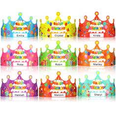 a group of birthday crowns with name tags on each one and balloons all around the crown