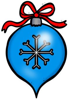 a blue christmas ornament with a red ribbon on it and snowflakes