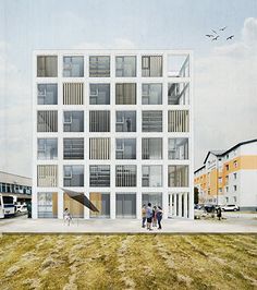 an artist's rendering of a building with people walking in the grass outside it