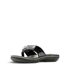 Breeze Sea Black Synthetic Patent - Women's Flip Flop Sandals - Clarks® Shoes Official Site | Clarks Elegant Black Flip Flops For Vacation, Black Slip-on T-strap Sandals For Beach, Elegant Adjustable Black Flip Flops, Beach T-strap Sandals With Toe Loop And Arch Support, Adjustable T-strap Sandals With Arch Support For Beach, Black Toe Loop Sandals With Arch Support, Black Toe Loop Flip Flops For Beach, Black Toe Loop Sandals For Beach, Summer Getaway