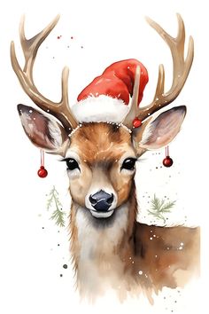 a watercolor painting of a deer wearing a santa hat