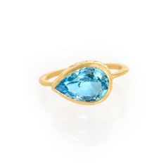 Blue Topaz Pear-Shaped Ring – 18KT solid gold bezel, four carat blue topaz – Fine Jewelry, Hand Carved by Page Sargisson Pear Shaped Ring, Pear Ring, Gorgeous Jewelry