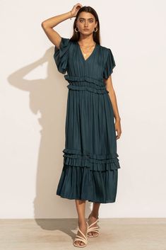 Willa Ruffle Dress in Teal | böhme Flowy Tiered Pleated Midi Dress, Flowy Midi Dress With Ruffle Hem And Sleeve, Casual Midi Dress With Ruffles And Flowy Skirt, Bohemian Midi Dress With Ruffle Sleeves, Bohemian Midi Dress With Tiered Ruffles, Bohemian Tiered Skirt Midi Dress With Ruffles, Bohemian Midi Dress With Ruffles And Tiered Skirt, Flowy V-neck Tiered Dress With Ruffles, Flowy Midi Dress With Ruffles For Brunch